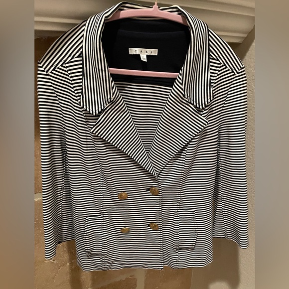 CAbi Blue White Striped Double Breasted Nautical Blazer Gold buttons preppy L - Picture 3 of 15